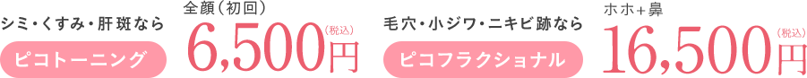 シミ・くすみ・肝斑なら ピコトーニング 全顔（初回） 6,500円（税込） 毛穴・小ジワ・ニキビ跡なら ピコフラクショナル ホホ+鼻 16,500円（税込）